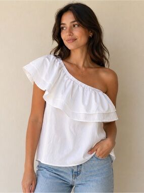 Nordstrom Halogen One-Shoulder Sleeveless Ruffle White Cotton Poplin Top S NWT